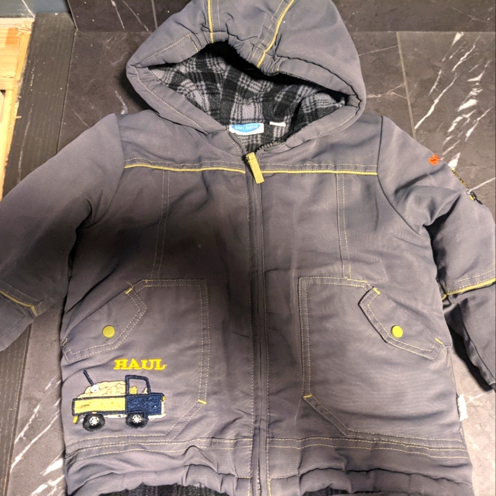 ❄️ Bon Bebe', Boys Work Trucks, Gray Hooded Jacket, Size 4T